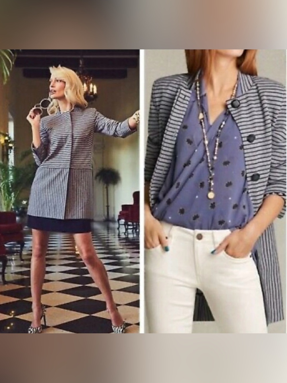 CAbi Dapple Stripe Car Coat Gray Navy Striped Long Jacket Style 5474 Size S